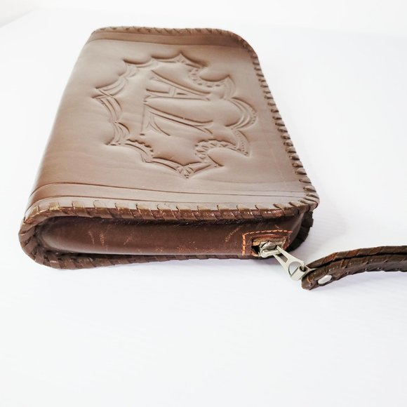 Vintage Tooled Leather Wristlet Bag, Brown Leather Bag, Heavy Leather Hippie Bag - Picture 5 of 7